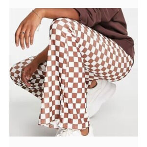 Grayson Threads Brown White Checkered Flare Lounge Pants Raw Hem Womens SZ L